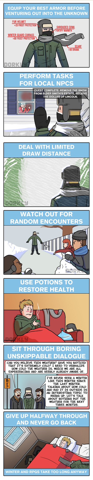 Illustration for article titled Comic shows how to turn your winter Hell into a fantasy quest